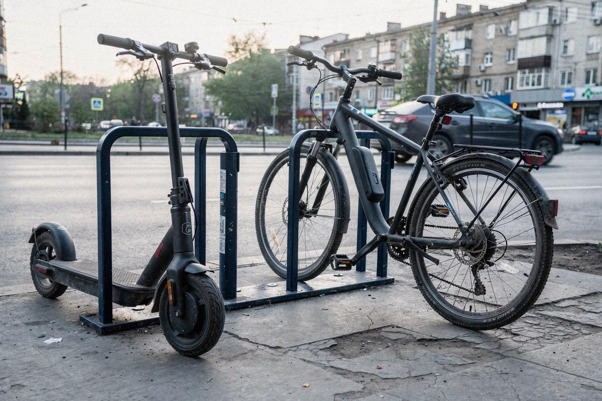 E-scooter and e-bike parked side by side at a rental station on a Kyiv street