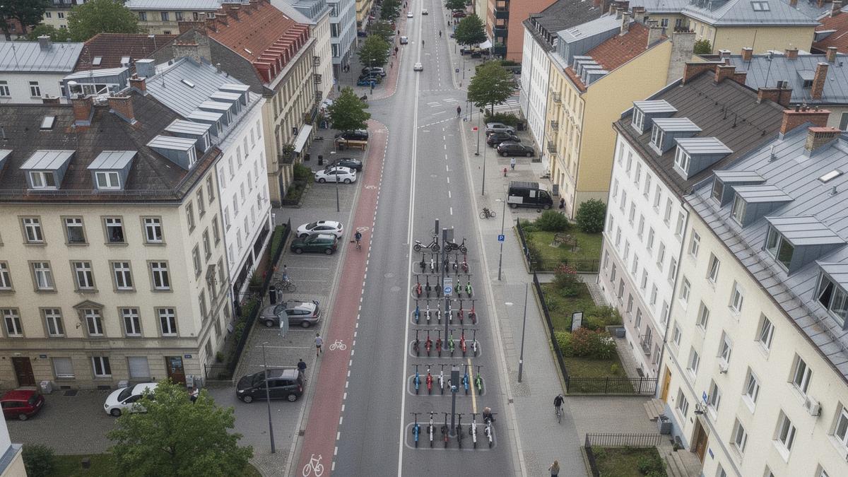 Aerial street view of a central city block with marked bike lanes and rental docks