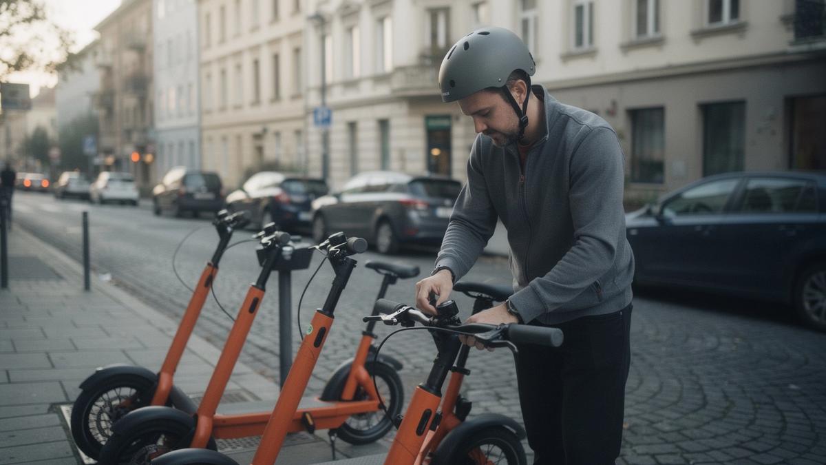 Rider in a helmet unlocking an e-scooter at a marked station on a city street